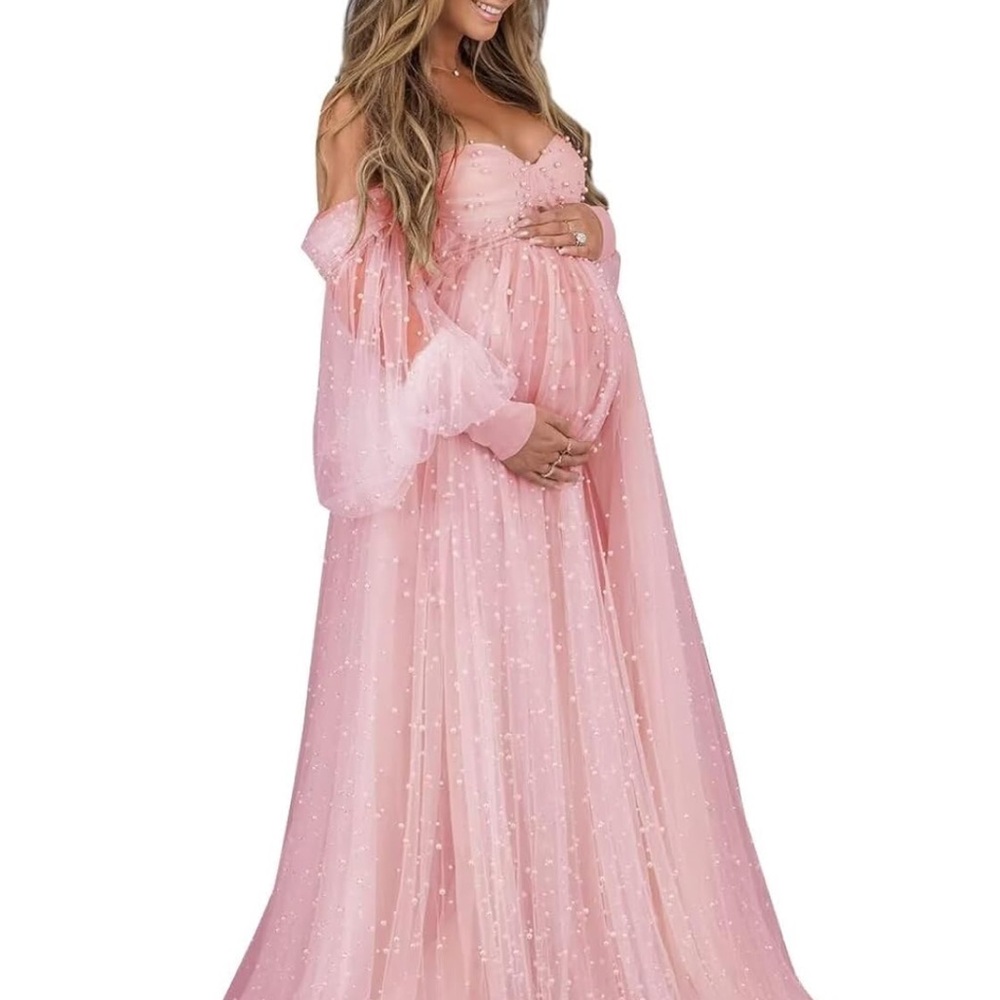 Pink Maternity Off-Shoulder Tulle Gown